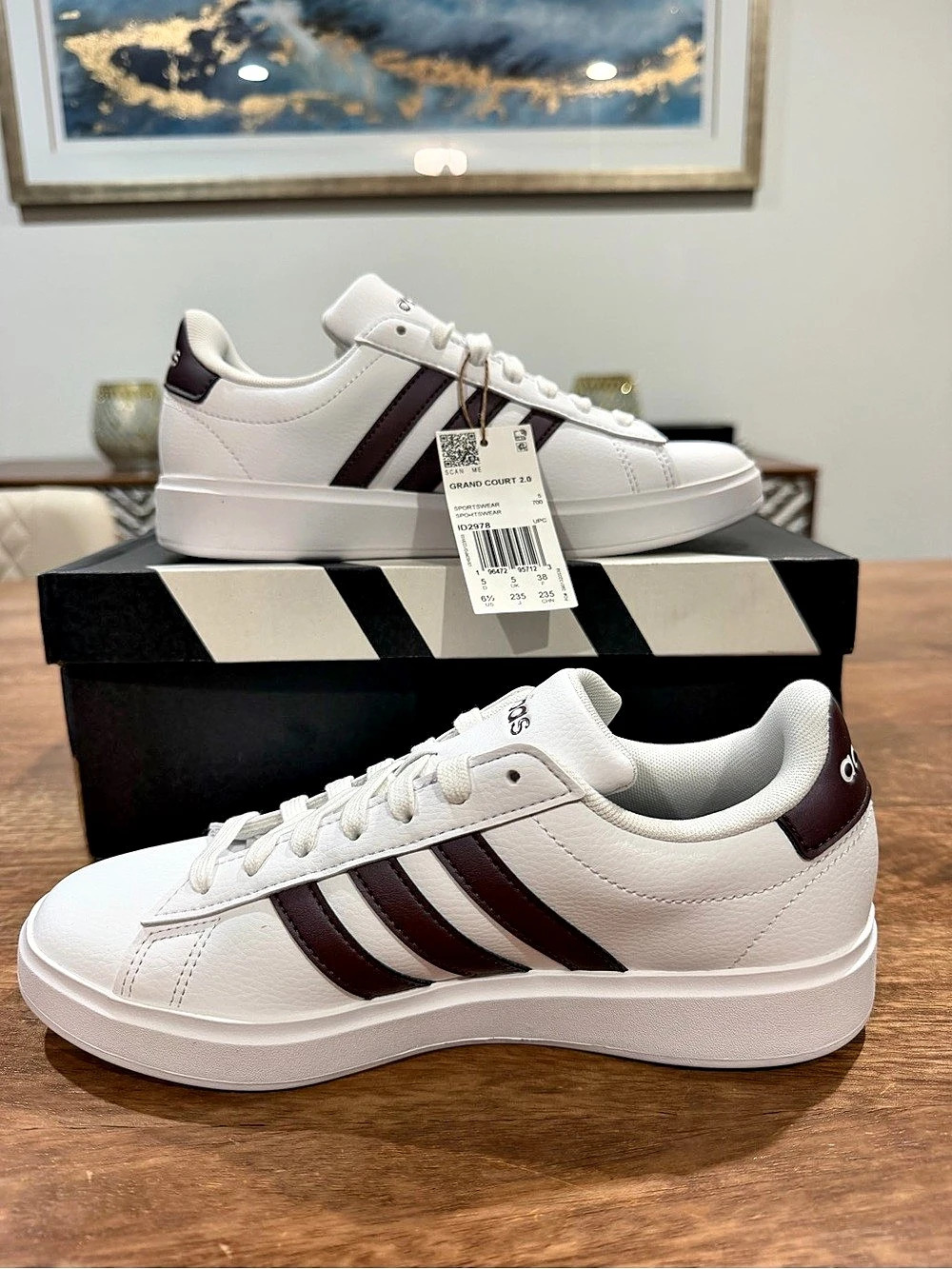 Adidas Grand Court 2.0 Sneakers White & Brown-Size6.5Y/8M/6.5M BNIB